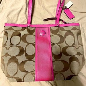 Coach Pink Signature Strip Brown and Tan Tote